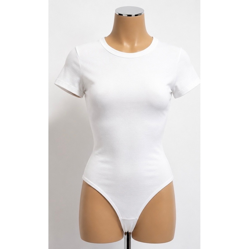 Quince White Organic Cotton Stretch Short Sleeve Crew Neck Bodysuit Large NWT